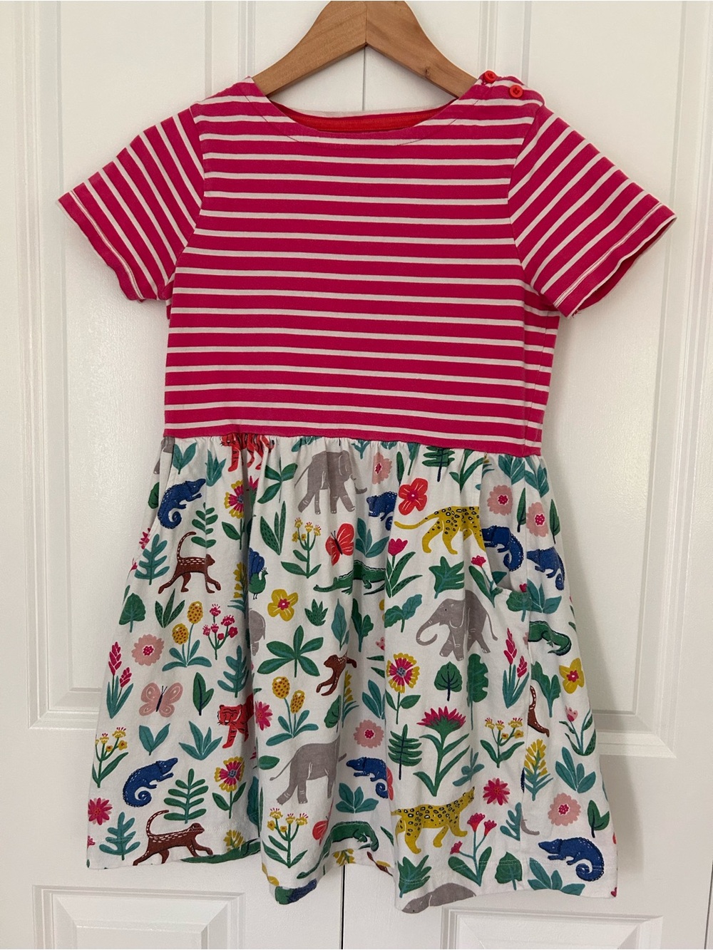 Mini Boden Hotchpotch jungle animal dress 11-12 years pink white stripes